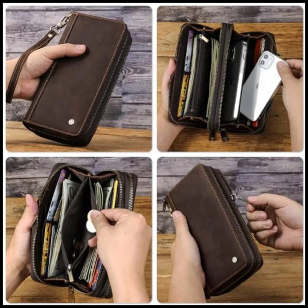 Top Grain Leather Clutch Wallet Wristlet Vintage Retro RFID Blocking Large